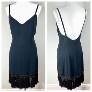 Vintage 80s Valentino Navy Dress black fringe